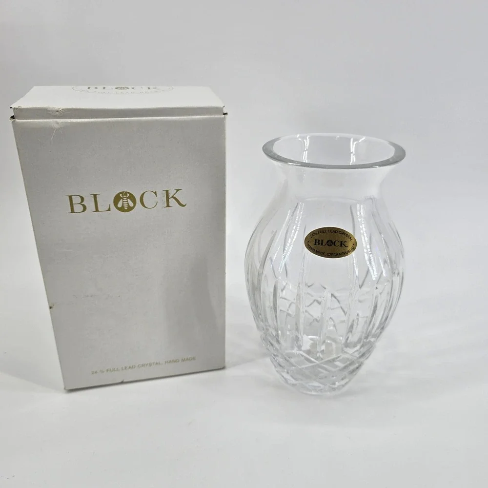 Block Crystal Vase Home Decor Hand Made 24% Lead Crystal Clear 6in New